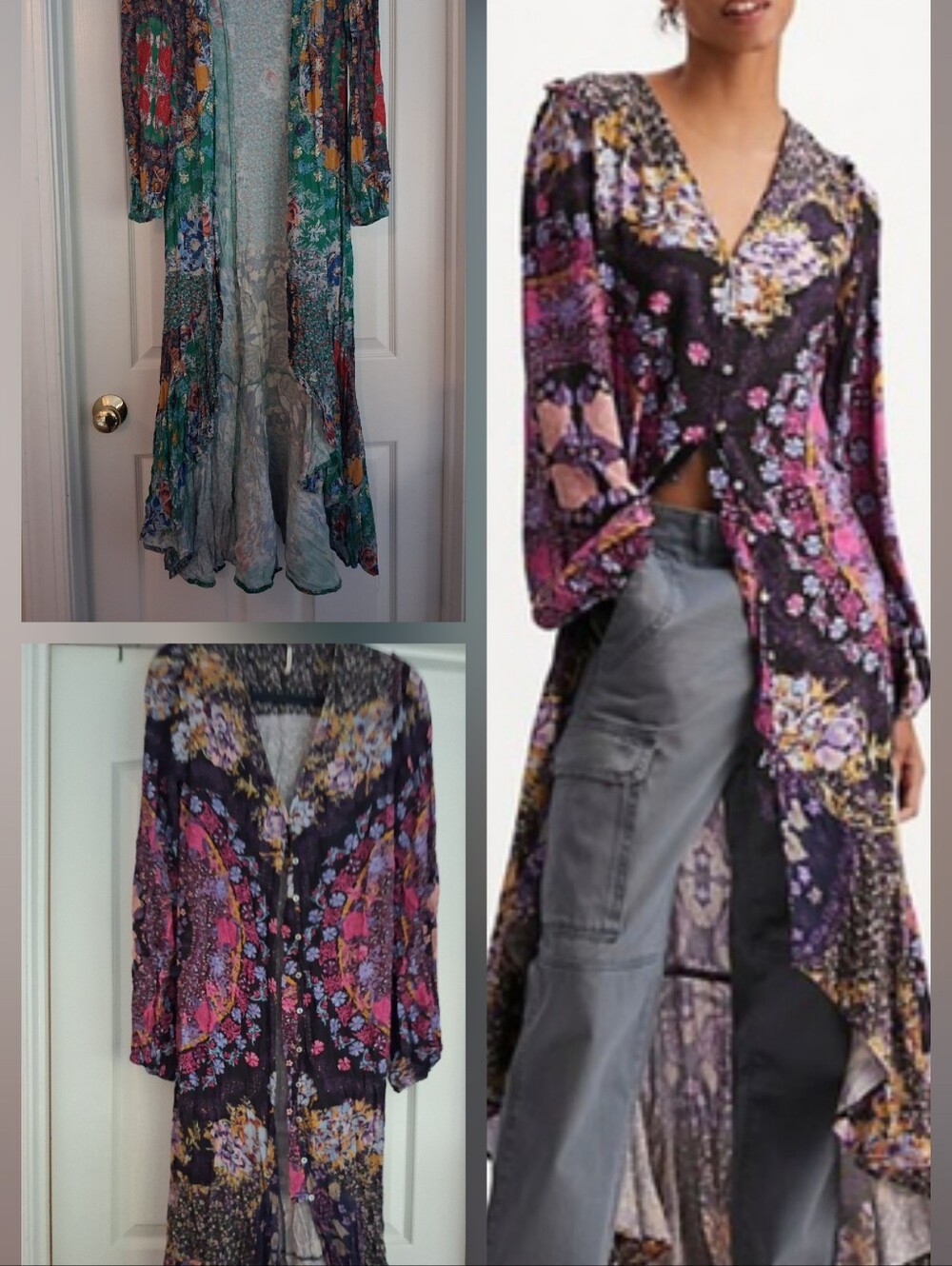 Free People Marais Black Floral High-Low Maxi Dress with Purple & Pink Accents
